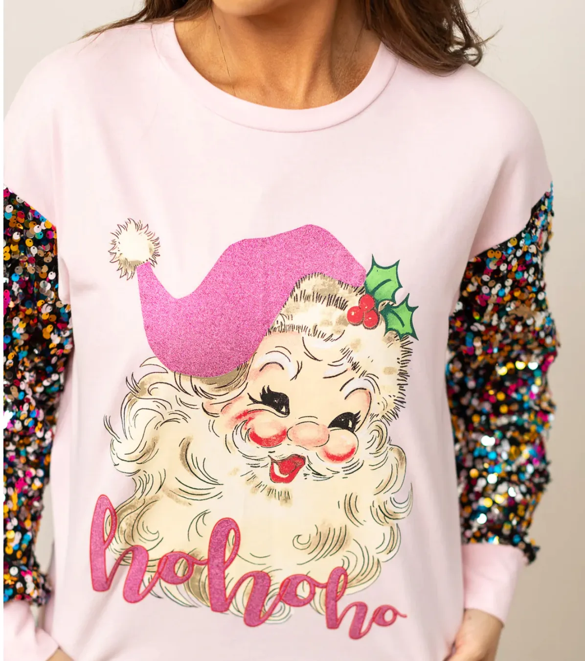 Pink Sequin Sleeve Santa Clause