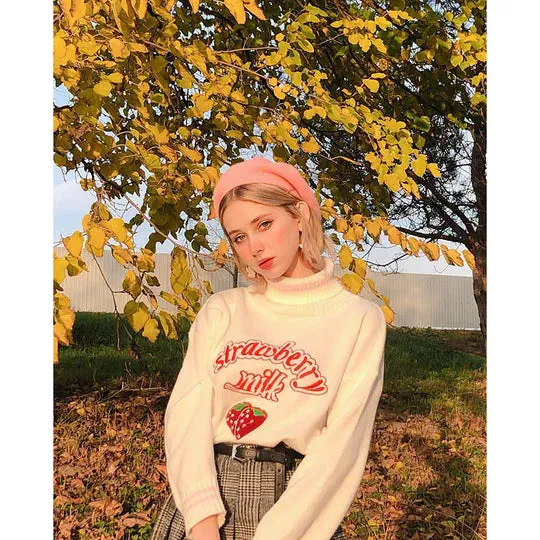 Pink Strawberry Turtleneck Loose Sweater  UB96039