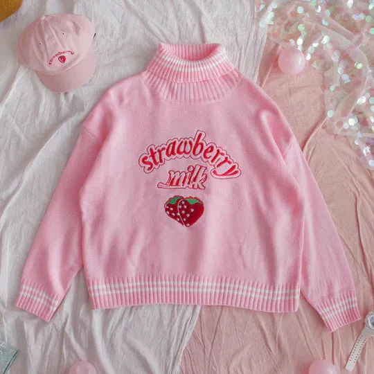Pink Strawberry Turtleneck Loose Sweater  UB96039