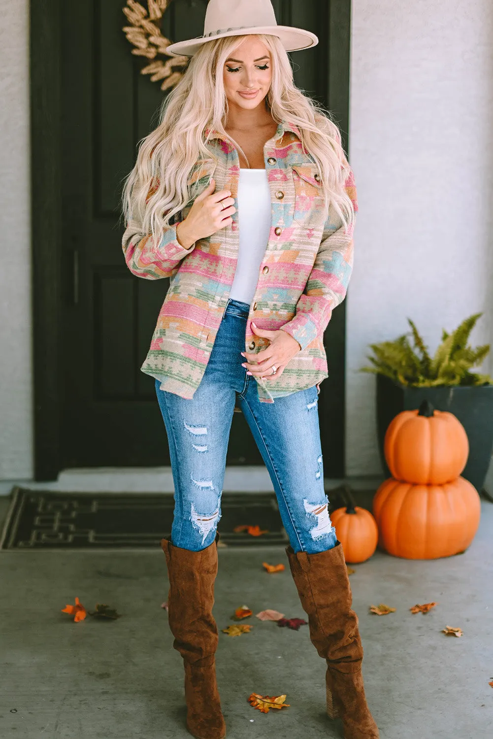 Pink Western Aztec Print Button Flap Pocket Shacket