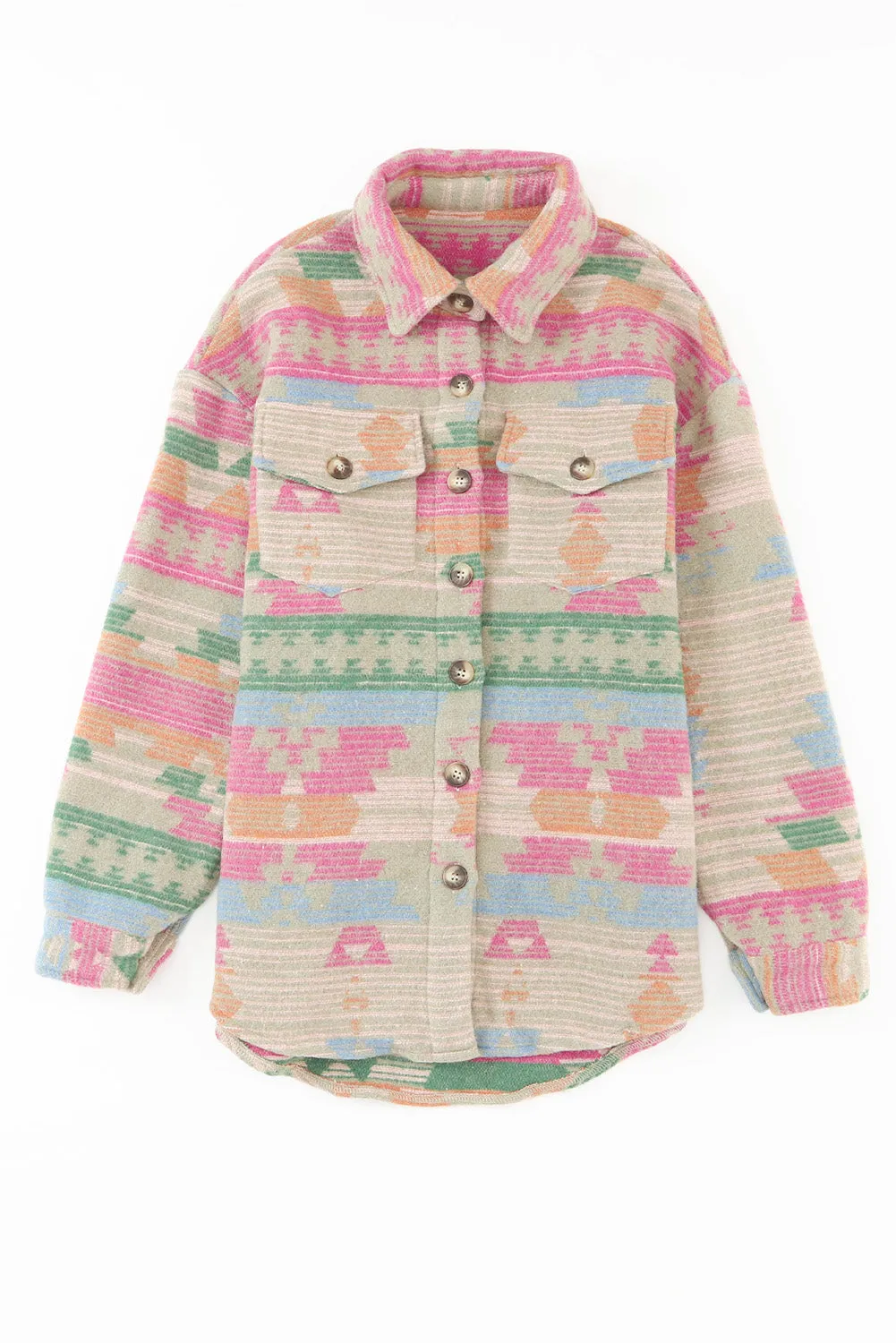 Pink Western Aztec Print Button Flap Pocket Shacket