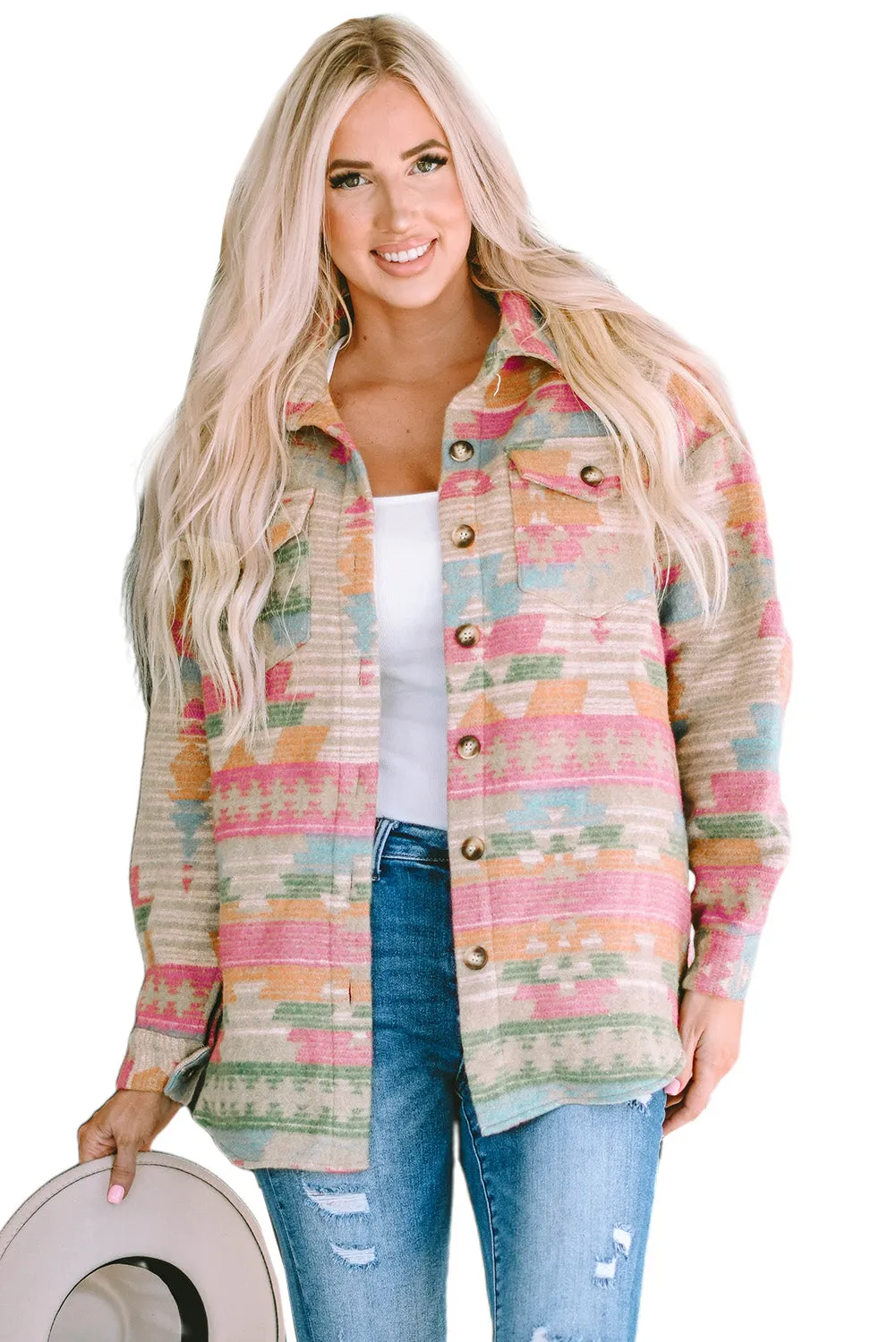 Pink Western Aztec Print Button Flap Pocket Shacket