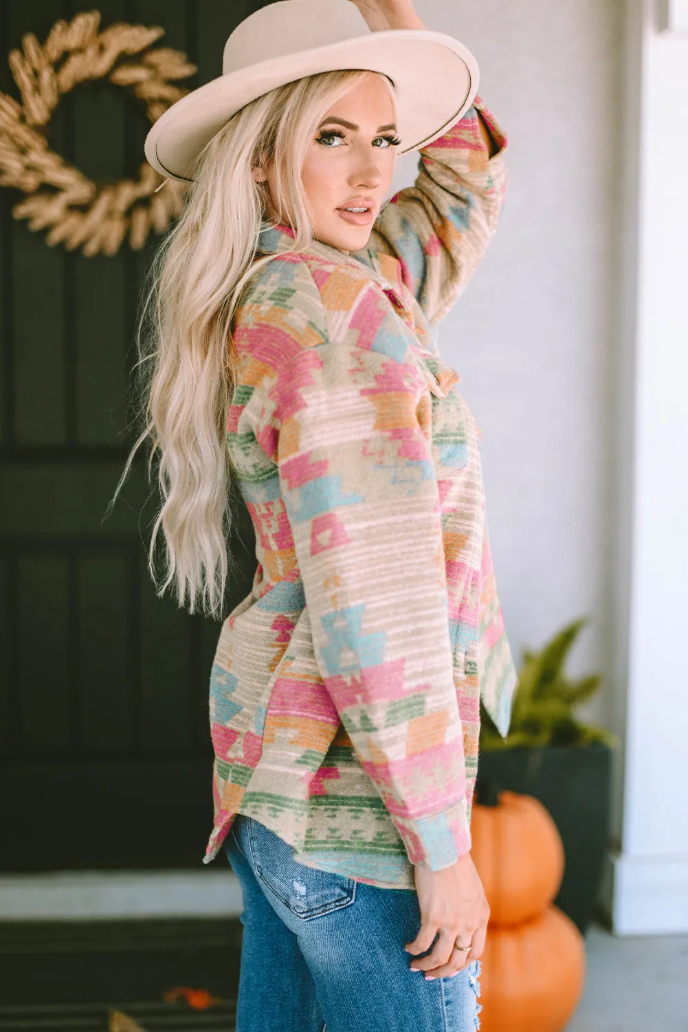 Pink Western Aztec Print Button Flap Pocket Shacket