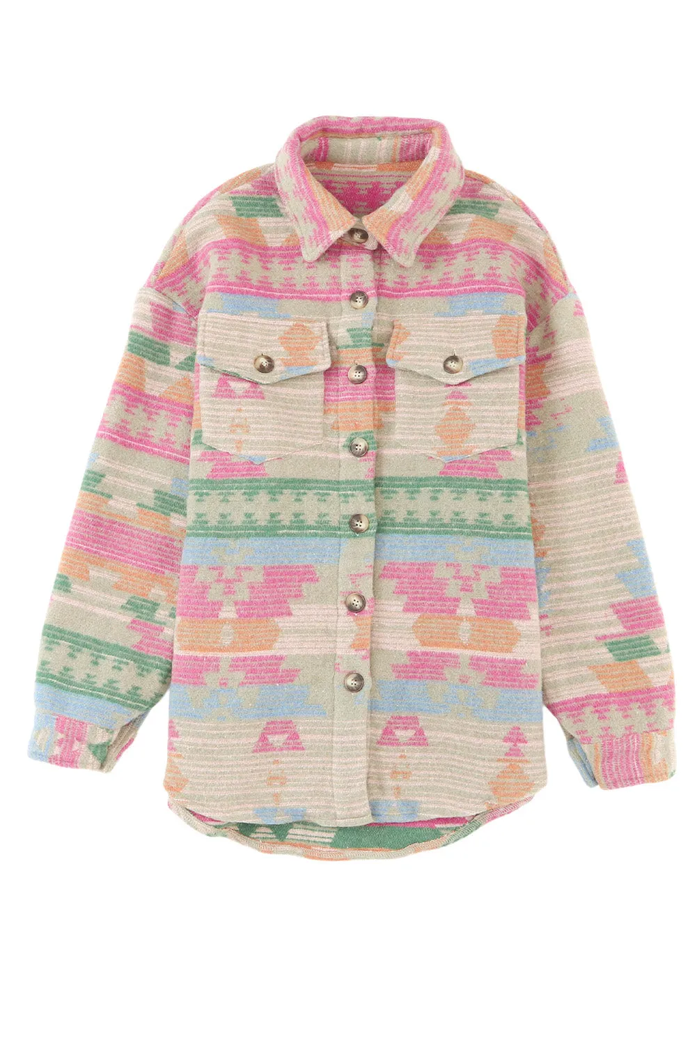 Pink Western Aztec Print Button Flap Pocket Shacket