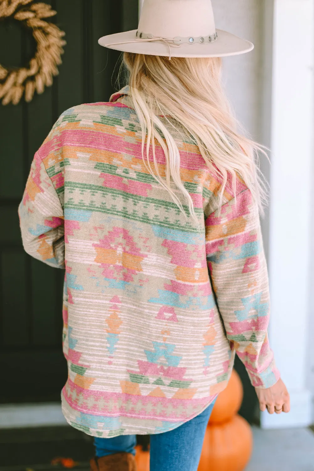 Pink Western Aztec Print Button Flap Pocket Shacket