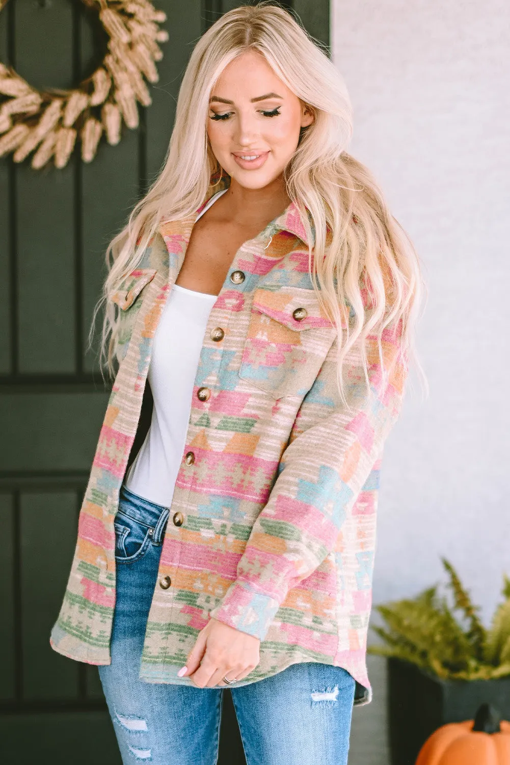 Pink Western Aztec Print Button Flap Pocket Shacket
