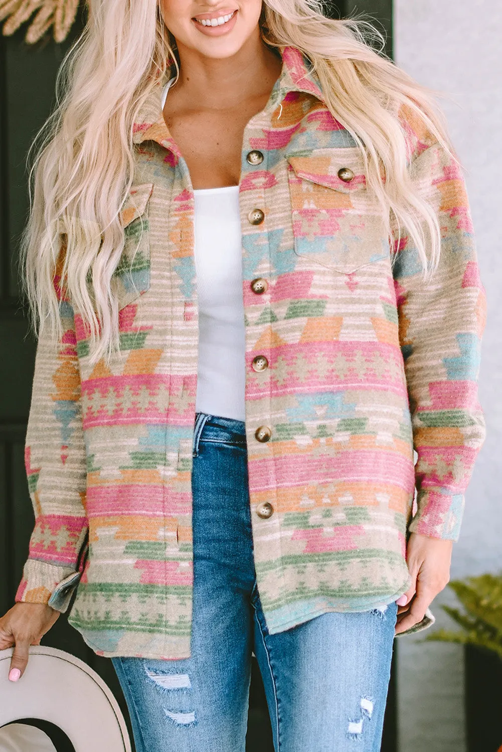 Pink Western Aztec Print Button Flap Pocket Shacket