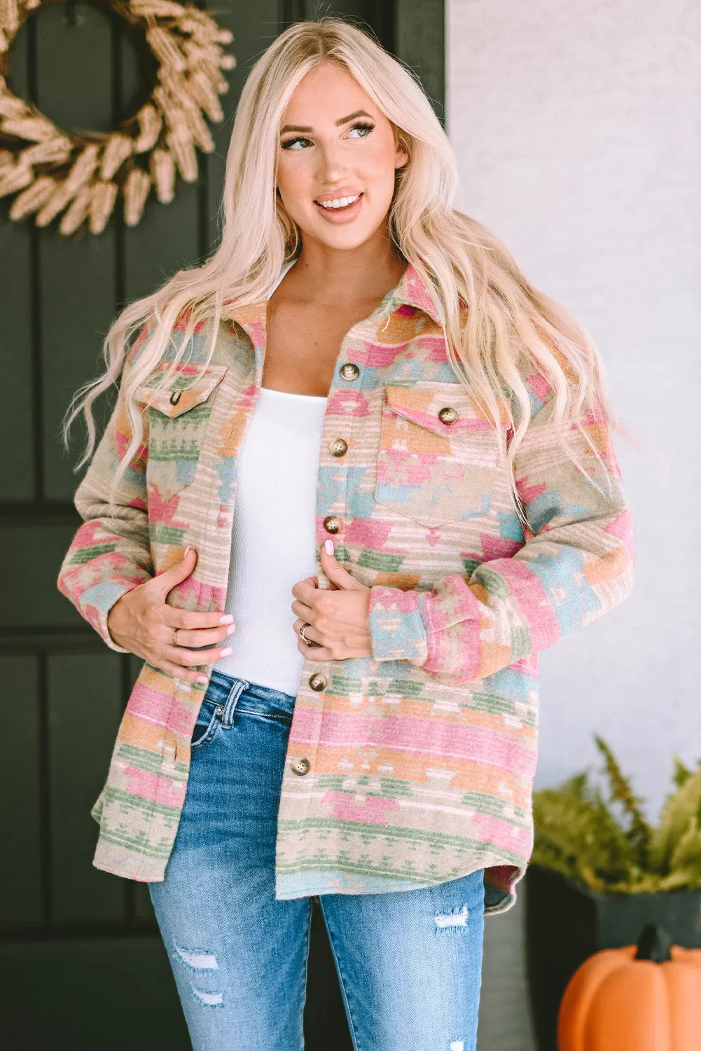 Pink Western Aztec Print Button Flap Pocket Shacket
