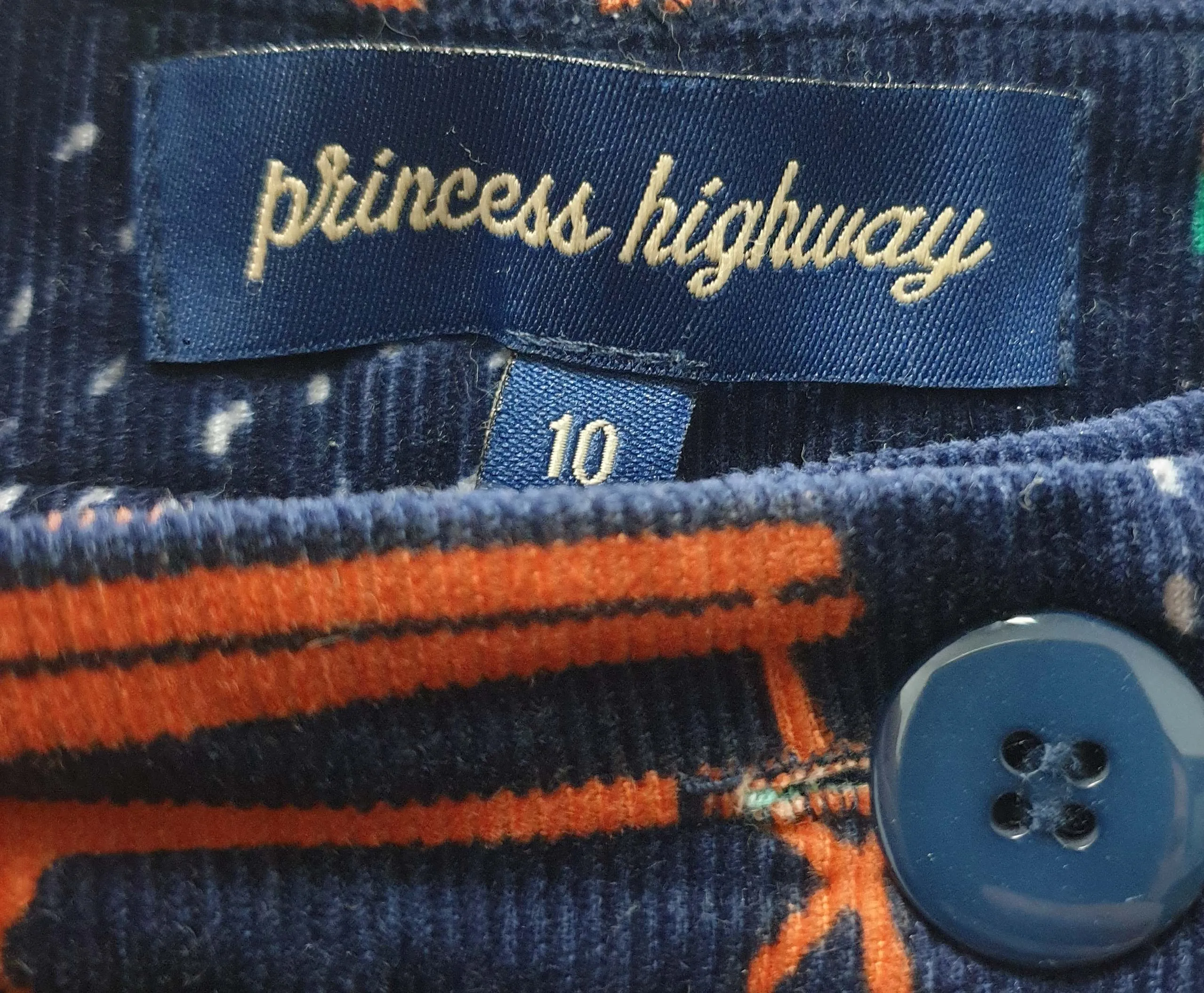 Princess Highway navy straight leg cords with people and weather print size 10