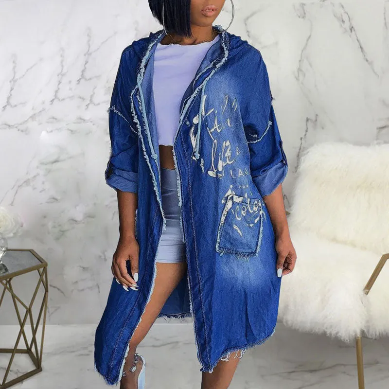 Print Pocket Design Hoodie Long Trench Coat