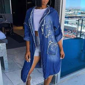 Print Pocket Design Hoodie Long Trench Coat