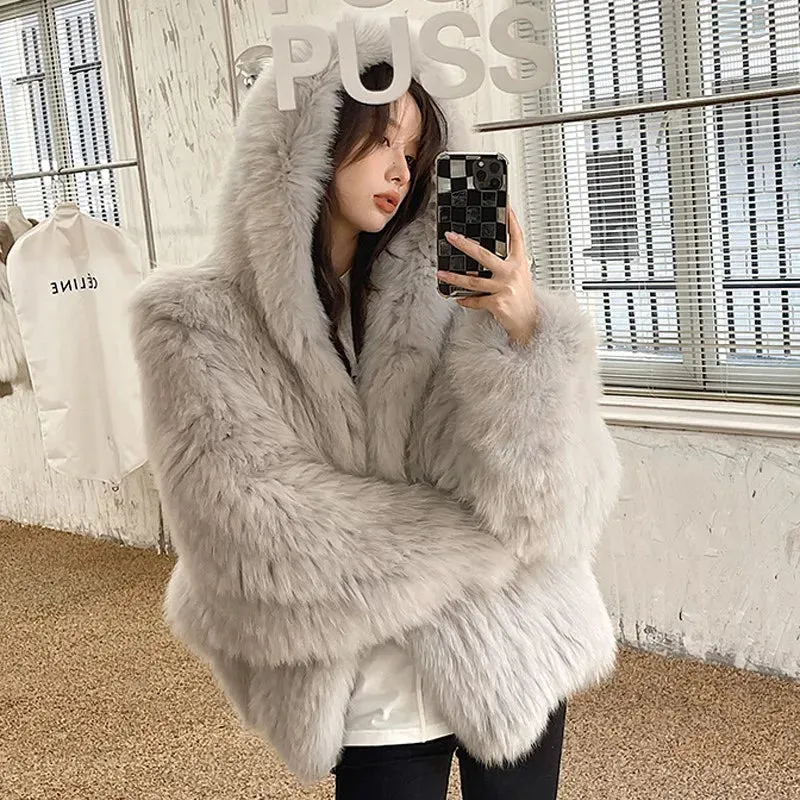 Protected Fur High  Overcoats Luxury Coat Loose Women Street Hooded Winter Fur Long Jacket Female Fashion Sleeve Contemporary Faux Outerwear New