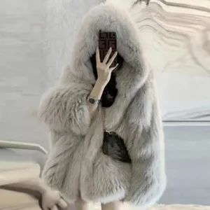 Protected Fur High  Overcoats Luxury Coat Loose Women Street Hooded Winter Fur Long Jacket Female Fashion Sleeve Contemporary Faux Outerwear New