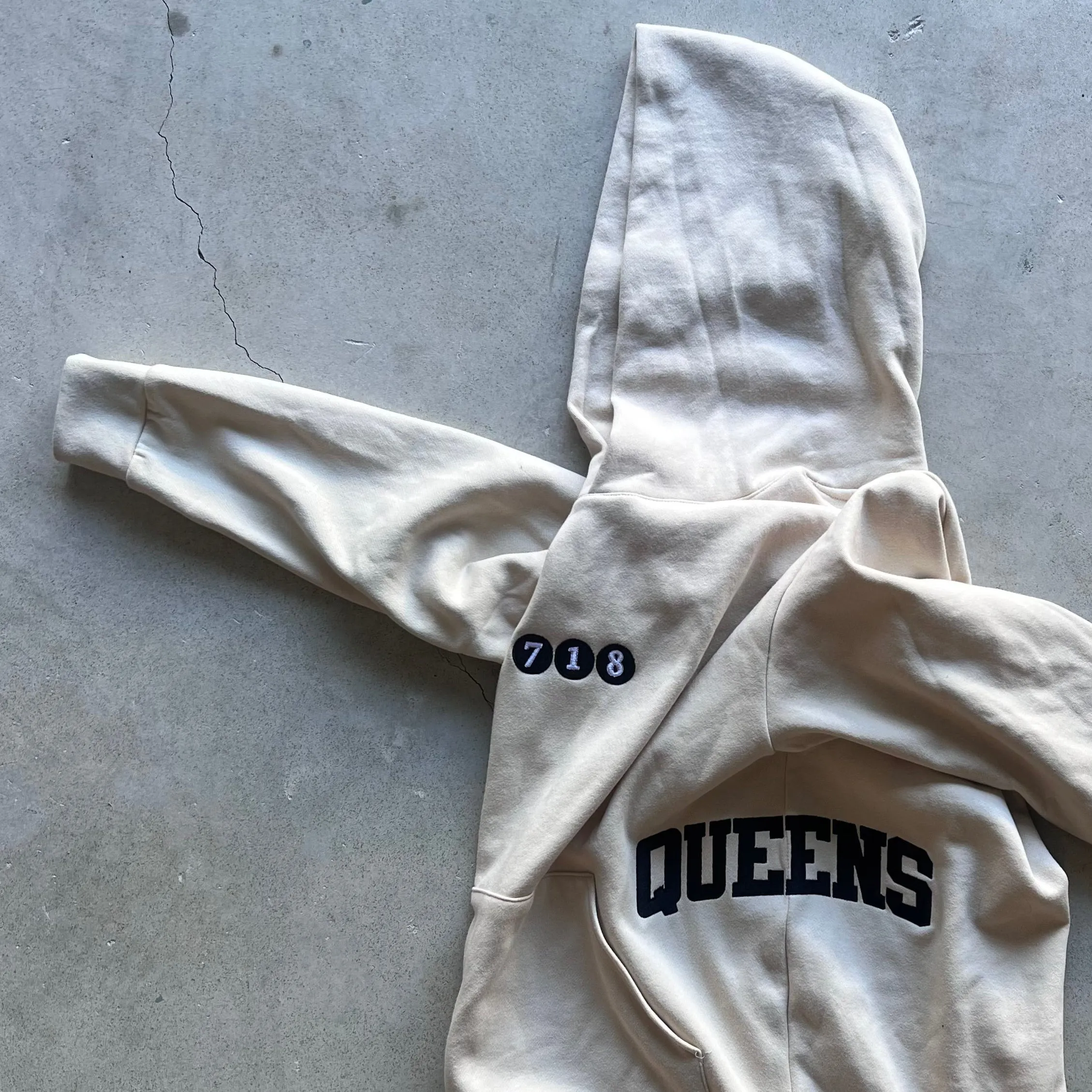 QUEENS NY 718 inspired tan hoodie - Embroidered.