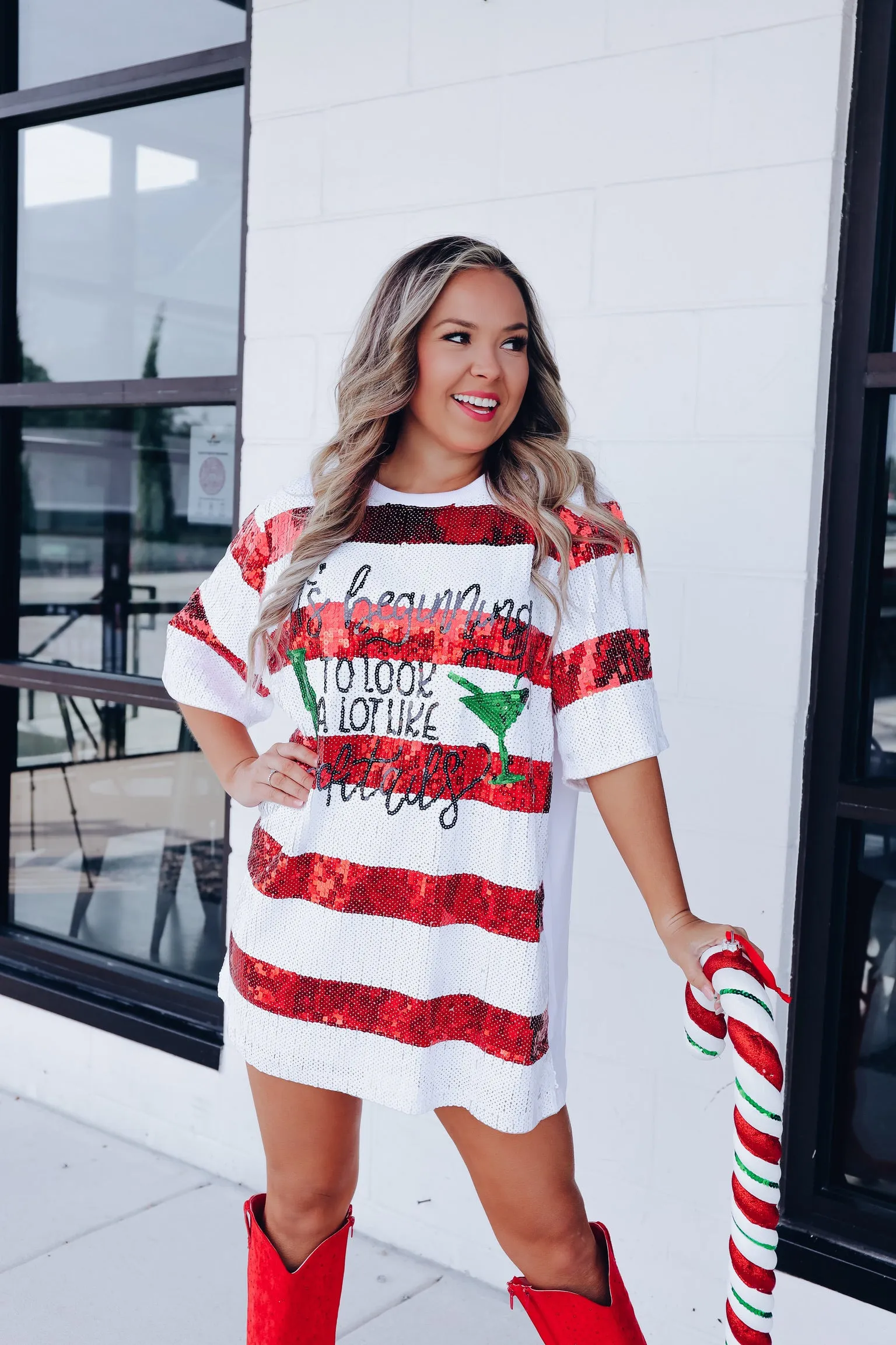 "It's Beginning To Look A Lot Like Cocktails" Sequin T-Shirt Dress - White/Red