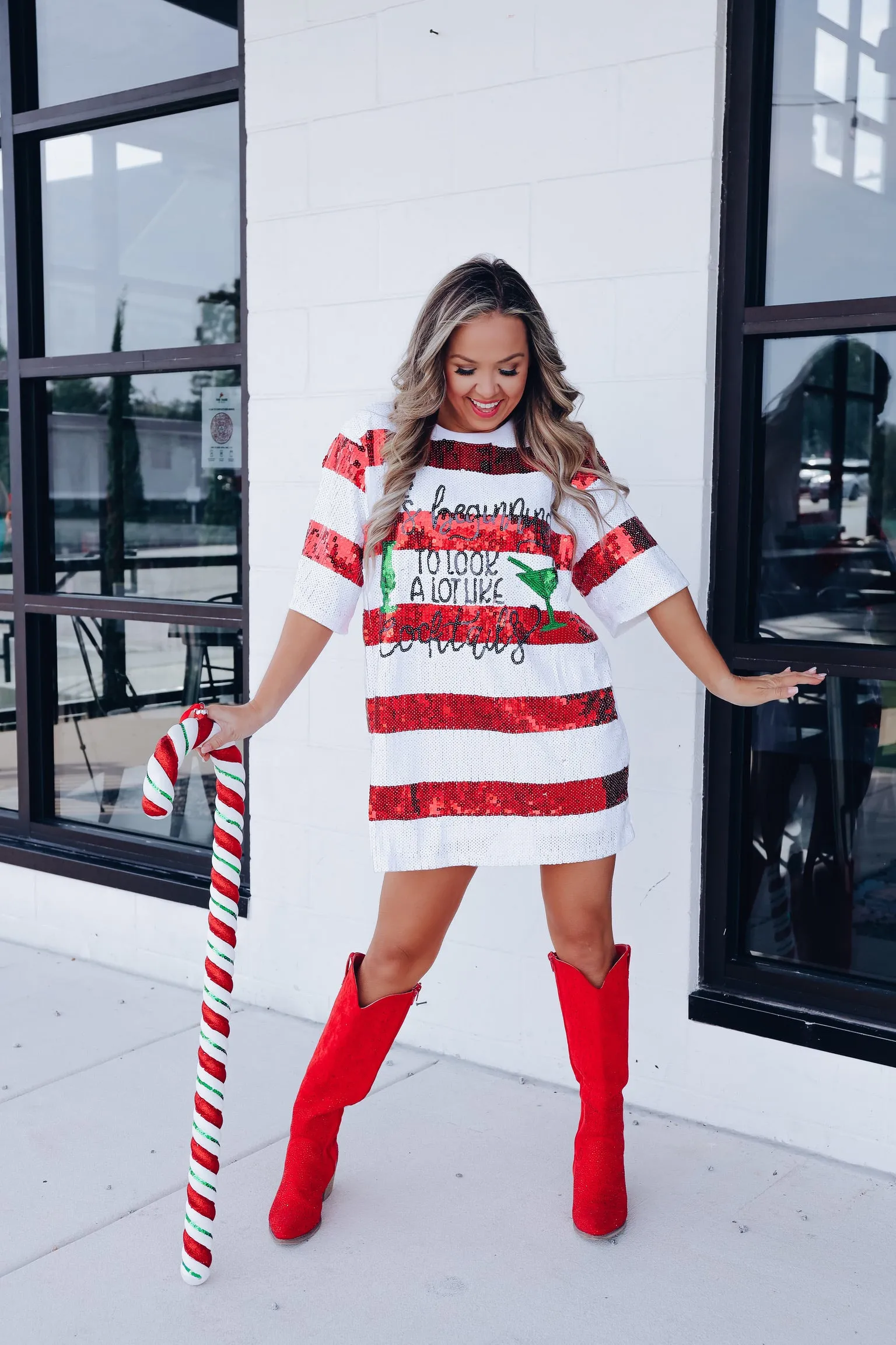 "It's Beginning To Look A Lot Like Cocktails" Sequin T-Shirt Dress - White/Red