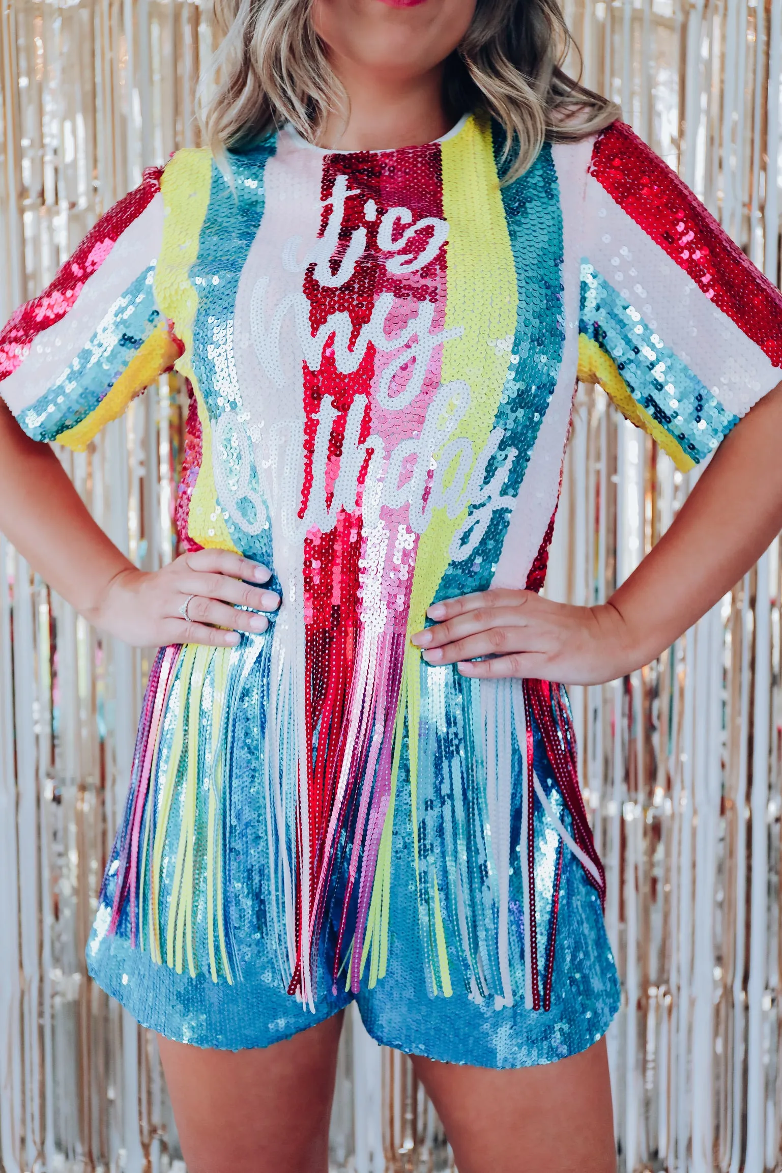 "It's My Birthday" Striped Sequin Fringe Top - Multi