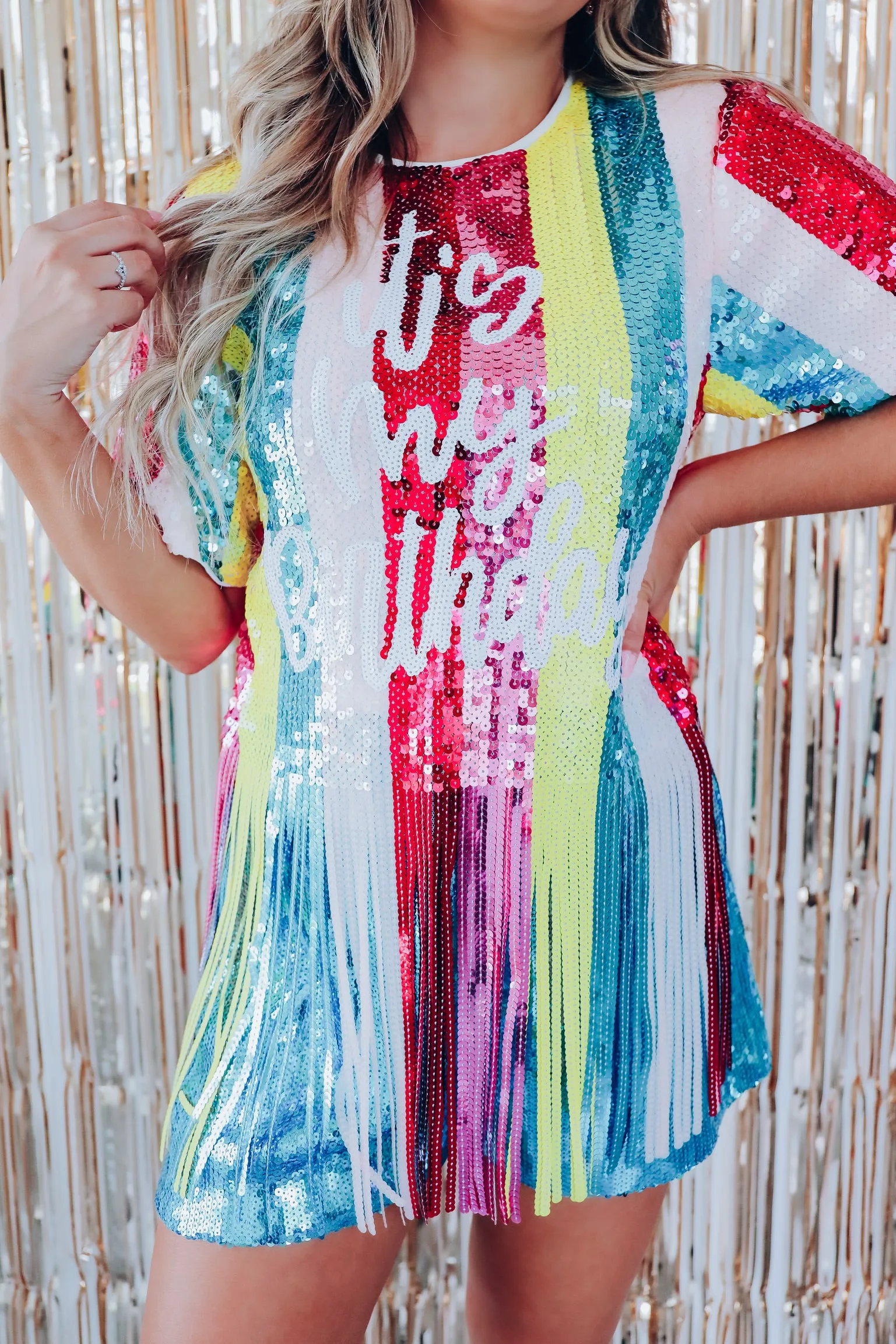 "It's My Birthday" Striped Sequin Fringe Top - Multi