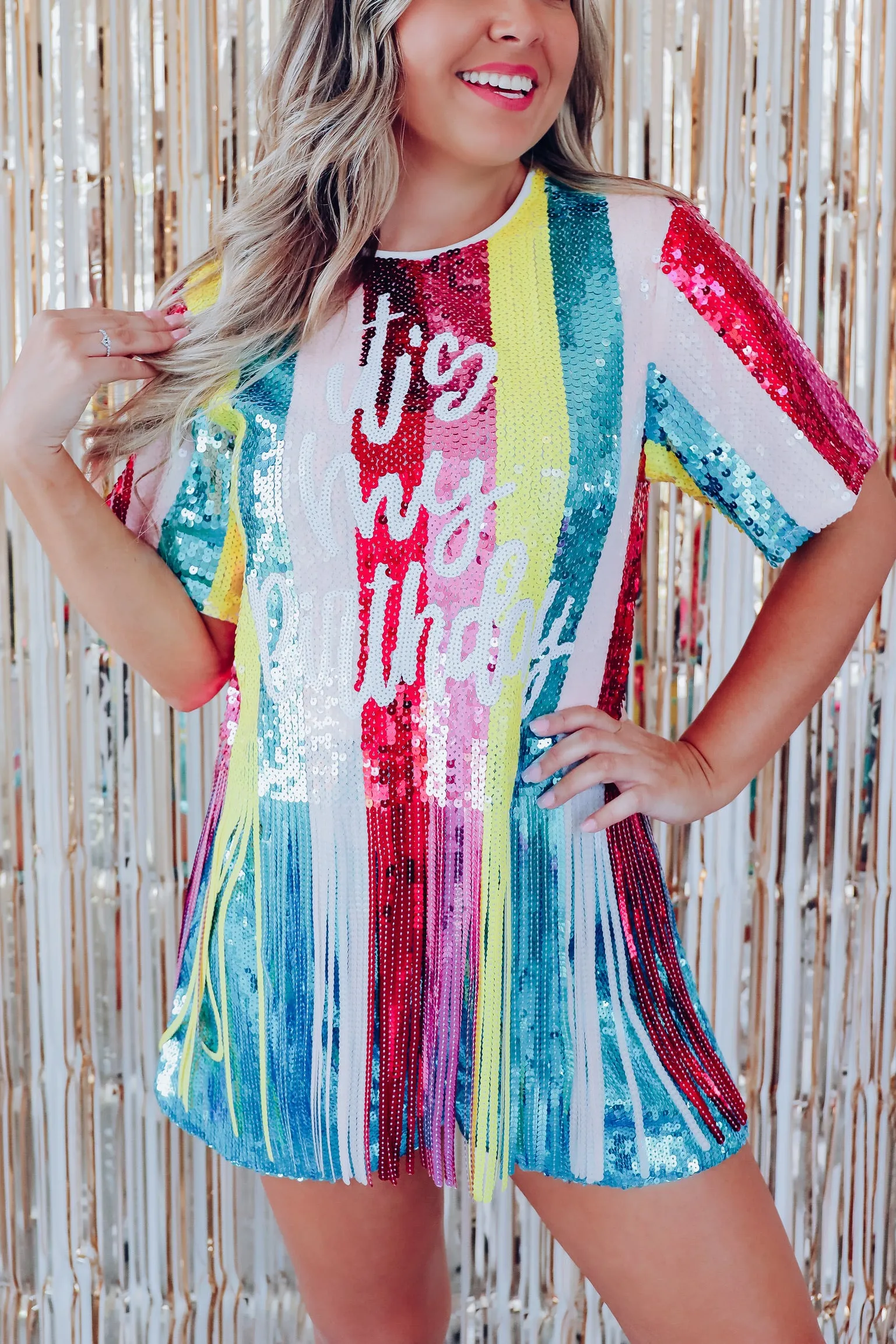 "It's My Birthday" Striped Sequin Fringe Top - Multi