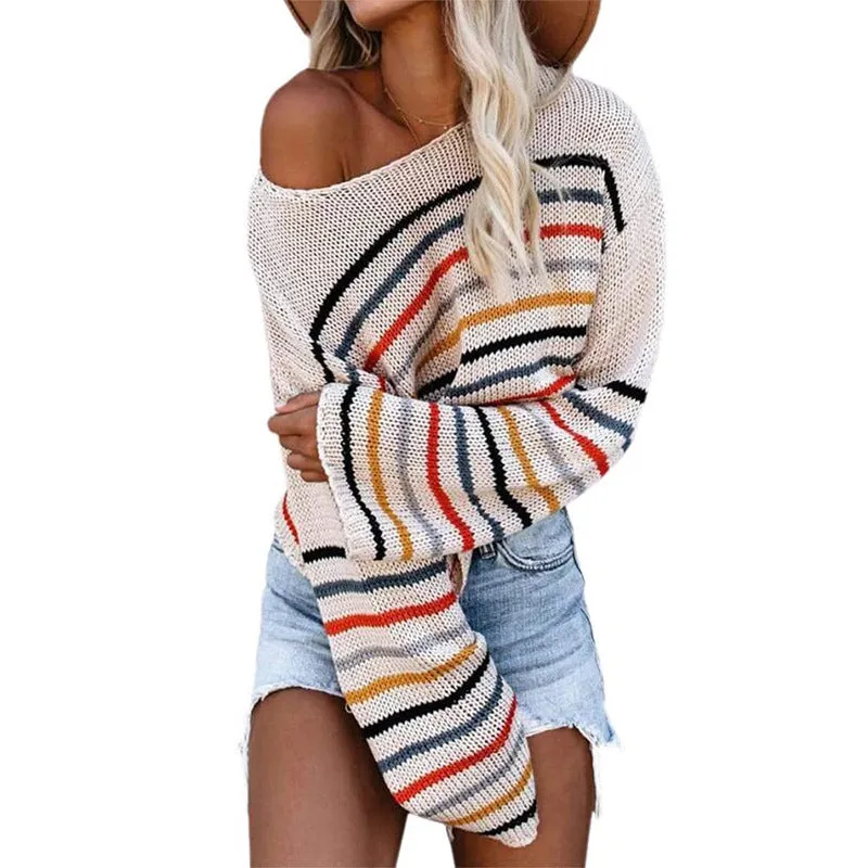 Rainbow One Shoulder Multicolor Striped Knit Sweaters