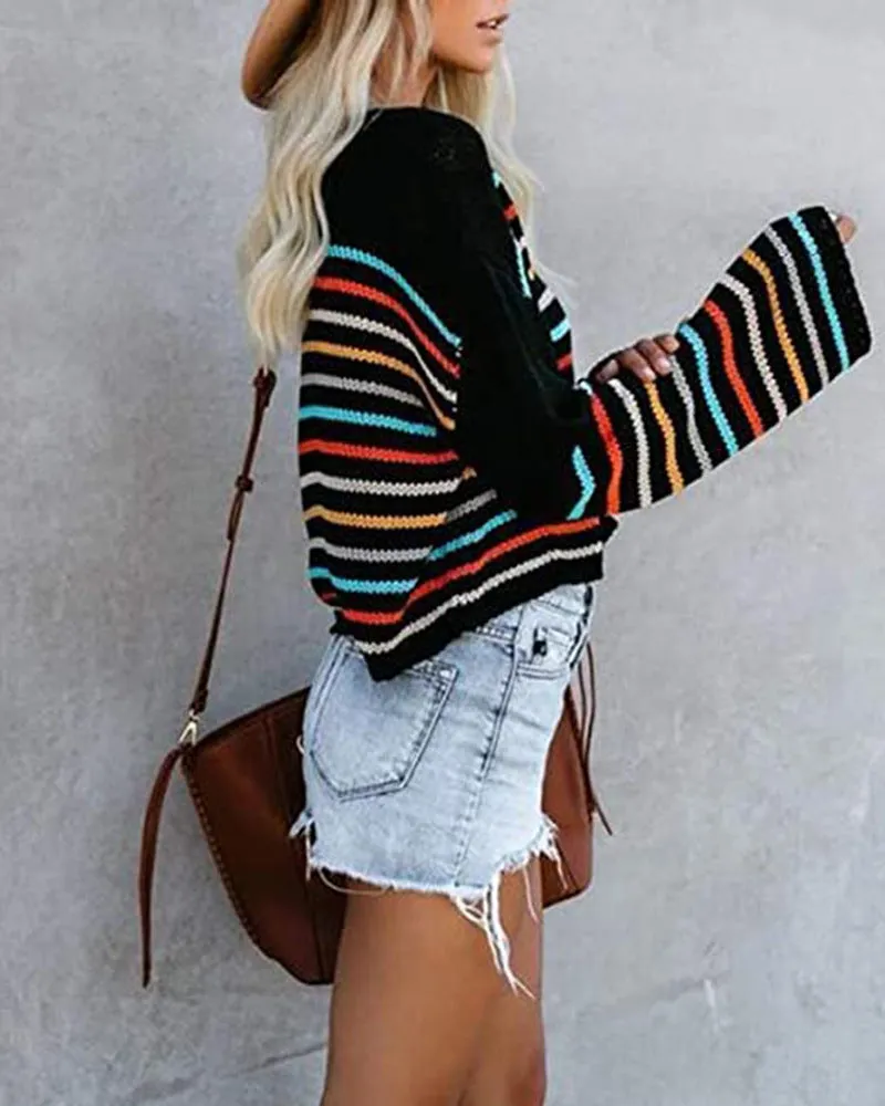 Rainbow One Shoulder Multicolor Striped Knit Sweaters