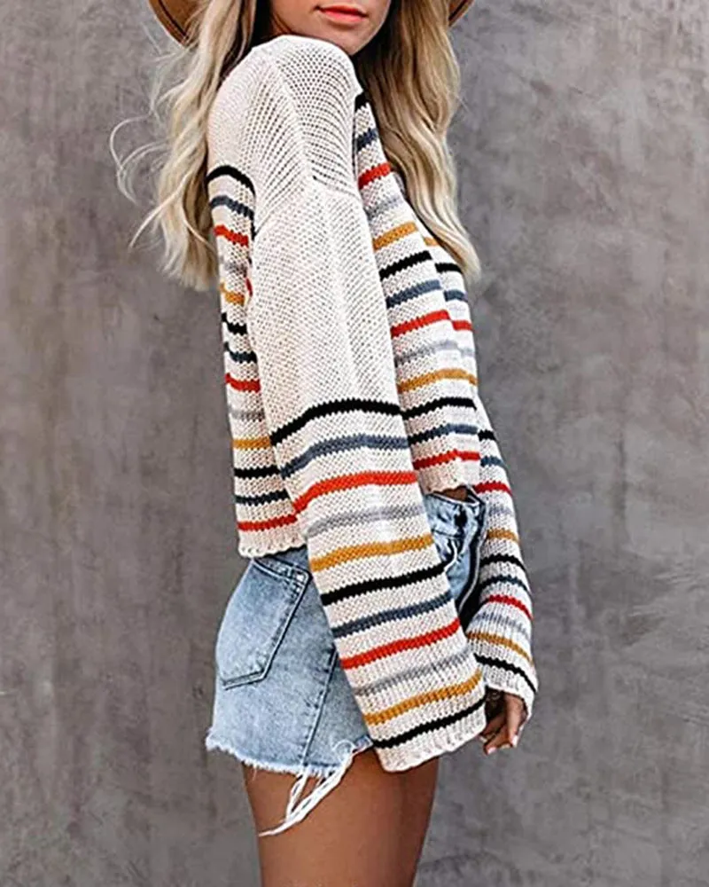 Rainbow One Shoulder Multicolor Striped Knit Sweaters