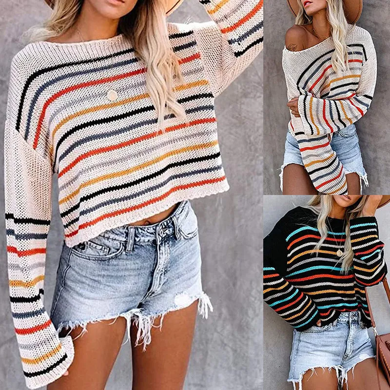 Rainbow One Shoulder Multicolor Striped Knit Sweaters