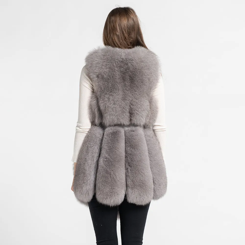 Real Fox Fur Gilet With Belt Winter Thick Warm Fur Genuine Fur Light Grey Vest