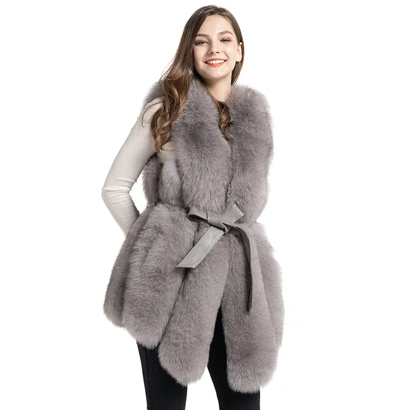 Real Fox Fur Gilet With Belt Winter Thick Warm Fur Genuine Fur Light Grey Vest