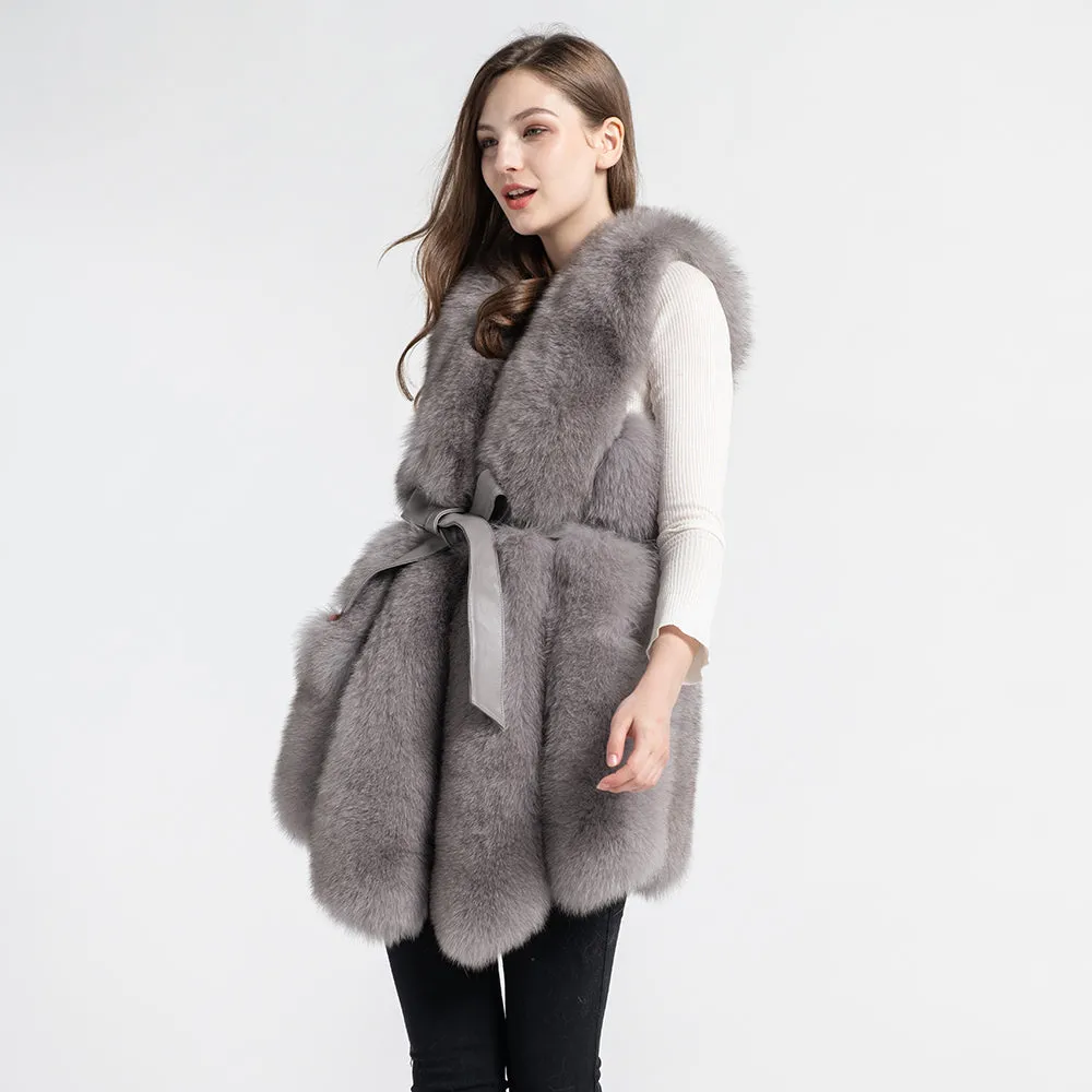 Real Fox Fur Gilet With Belt Winter Thick Warm Fur Genuine Fur Light Grey Vest