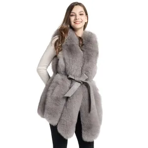 Real Fox Fur Gilet With Belt Winter Thick Warm Fur Genuine Fur Light Grey Vest
