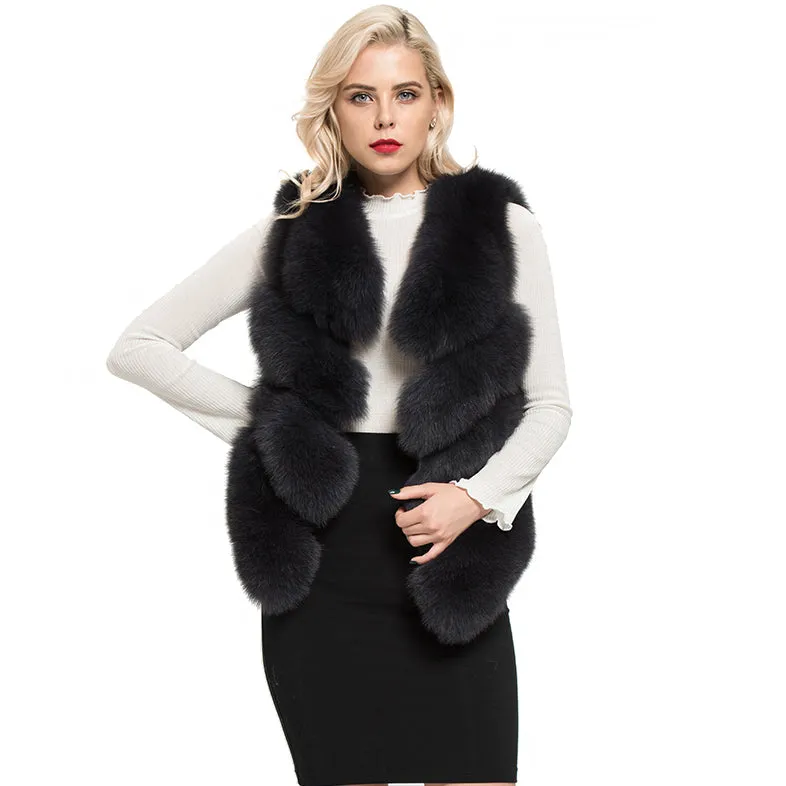 Real Fox Fur Vest 4 Rows Women's Winter Dark Grey Genuine Fur Gilet