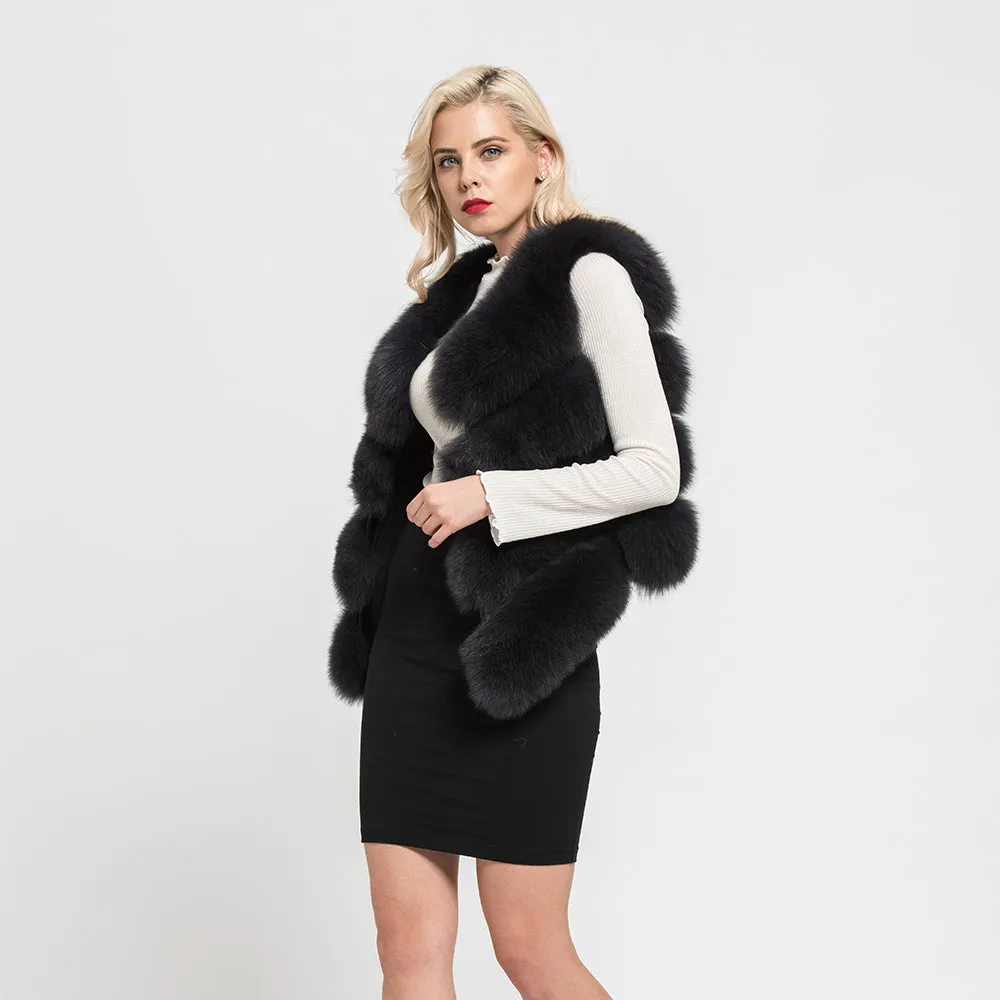 Real Fox Fur Vest 4 Rows Women's Winter Dark Grey Genuine Fur Gilet