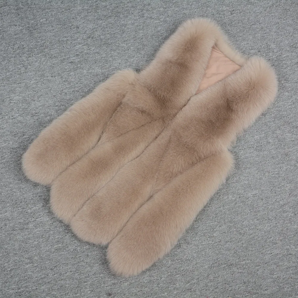 Real Fox Fur Vest For Women Autumn Winter Thick Warm Gilet Camel Waistcoat