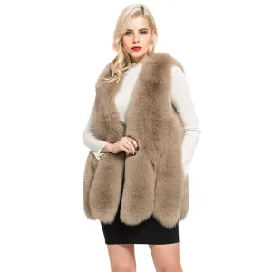 Real Fox Fur Vest For Women Autumn Winter Thick Warm Gilet Camel Waistcoat