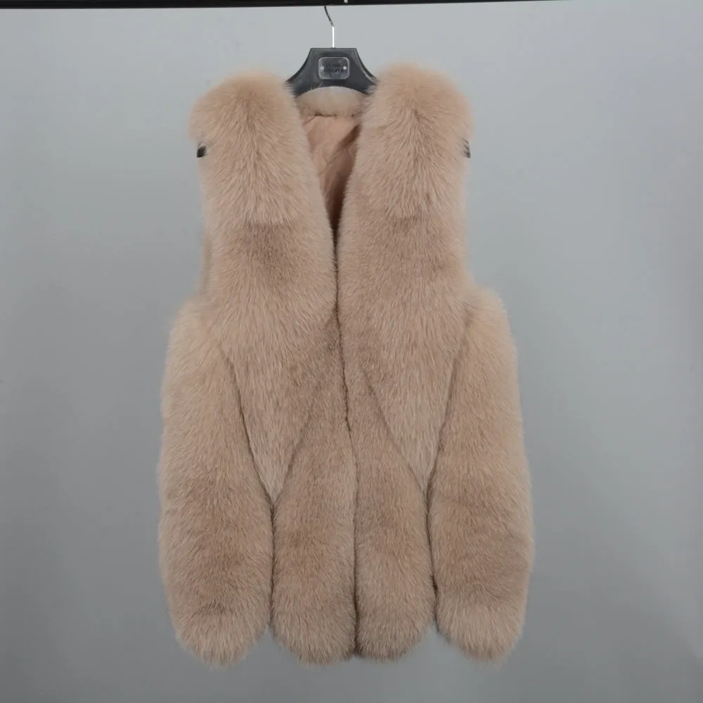 Real Fox Fur Vest For Women Autumn Winter Thick Warm Gilet Camel Waistcoat