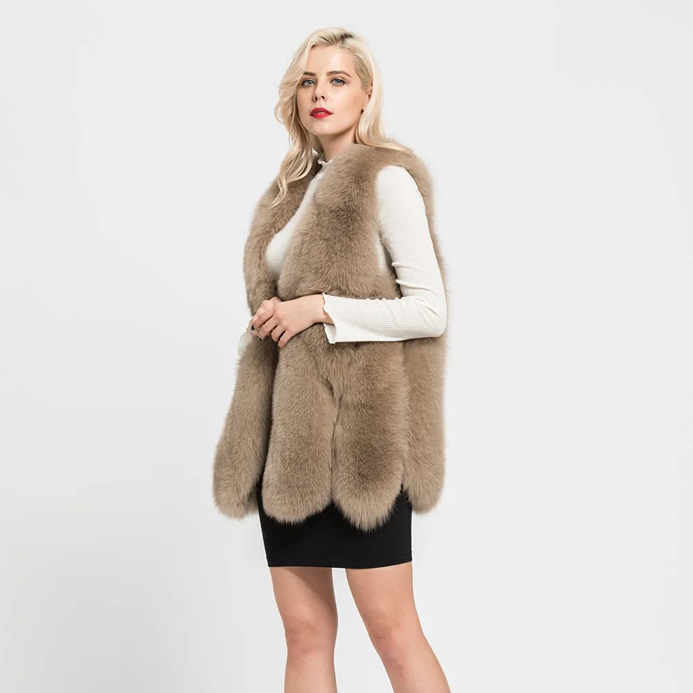 Real Fox Fur Vest For Women Autumn Winter Thick Warm Gilet Camel Waistcoat