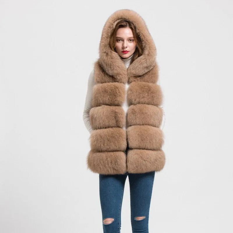 Real Fox Fur Vest Hooded Women New Style Camel Gilet Winter Waistcoat