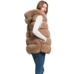 Real Fox Fur Vest Hooded Women New Style Camel Gilet Winter Waistcoat