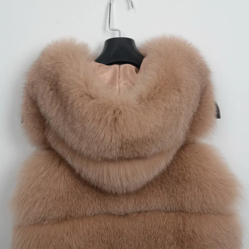 Real Fox Fur Vest Hooded Women New Style Camel Gilet Winter Waistcoat