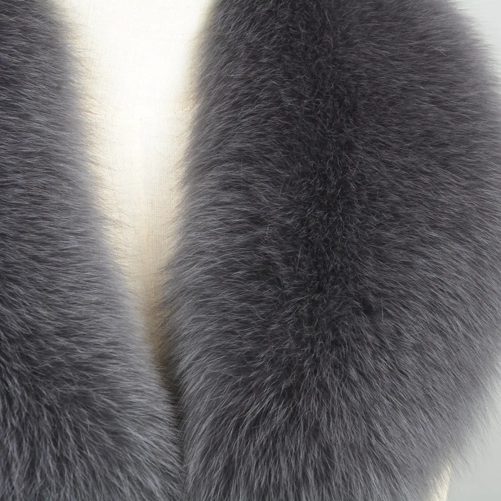 Real Fox Fur Winter Warm Solid Jacket Coat Shawls Dark Grey Collar
