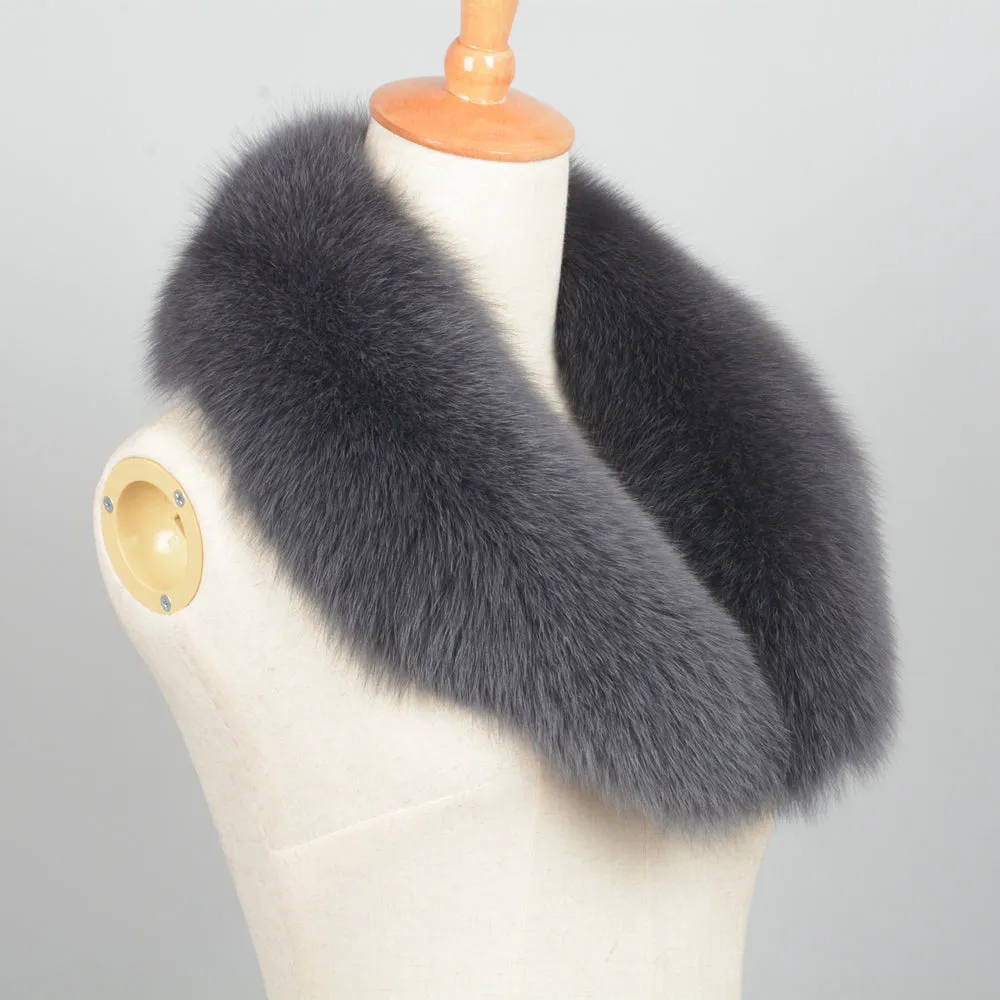 Real Fox Fur Winter Warm Solid Jacket Coat Shawls Dark Grey Collar