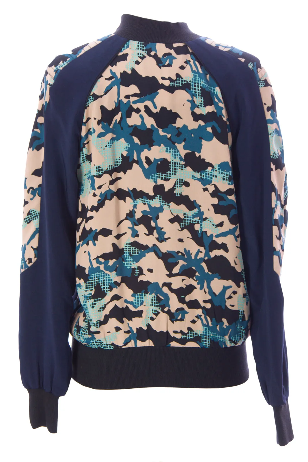 REBECCA MINKOFF Women's Navy/Camel Graphic Silk Zip Up Nolan Jacket $328 NWT