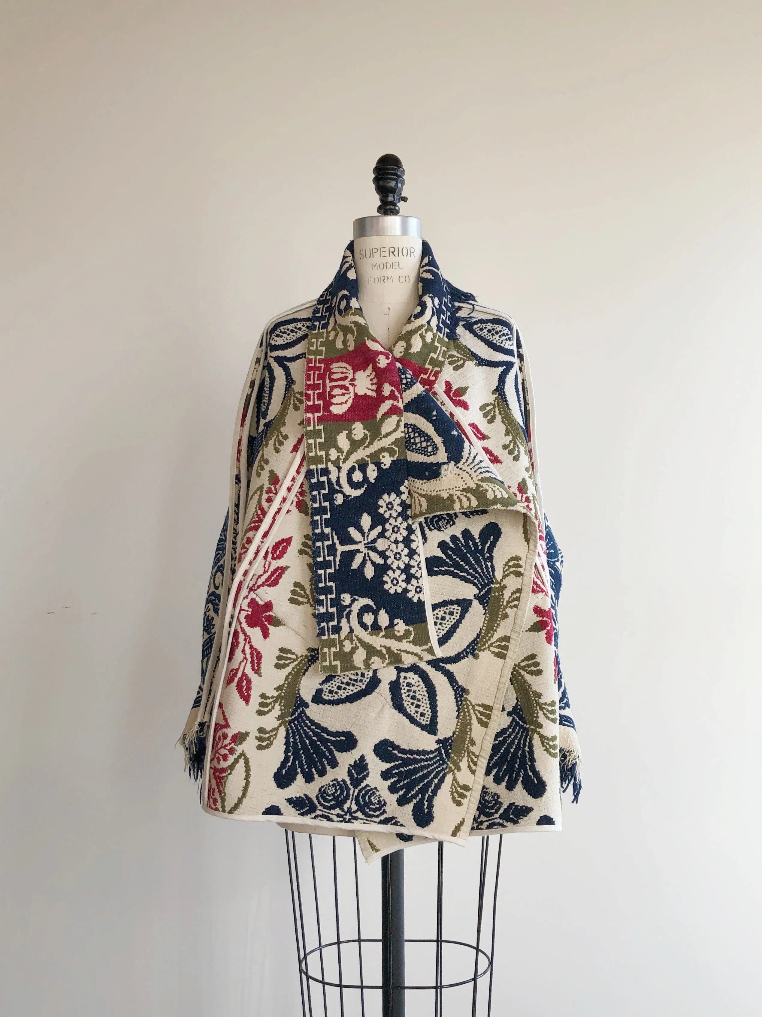 red, blue and olive graphic antique coverlet cocoon coat