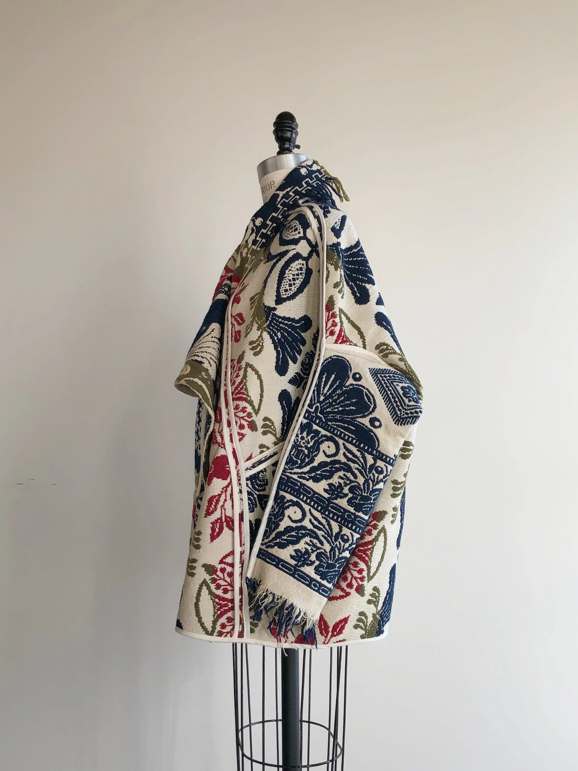 red, blue and olive graphic antique coverlet cocoon coat