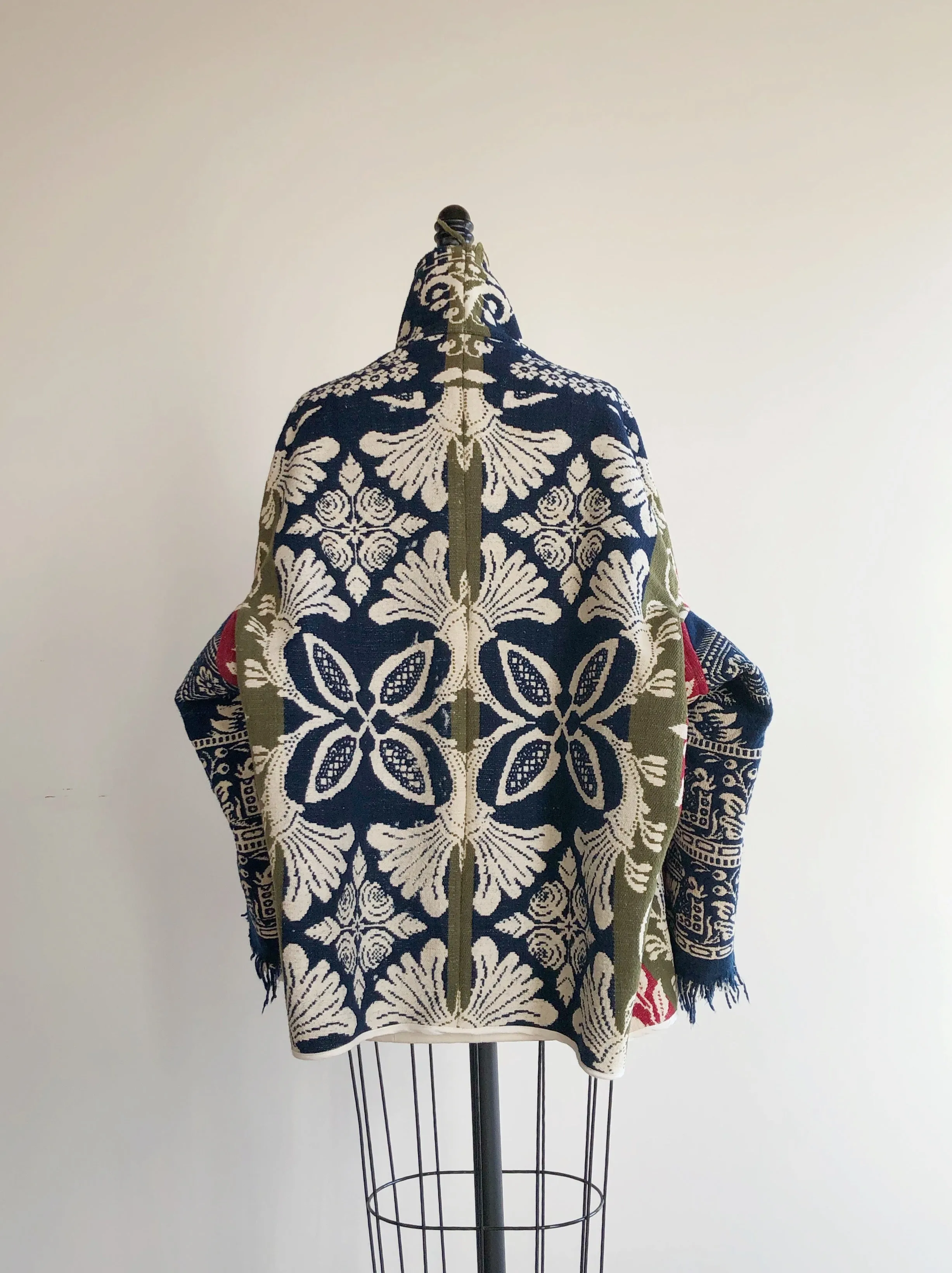 red, blue and olive graphic antique coverlet cocoon coat