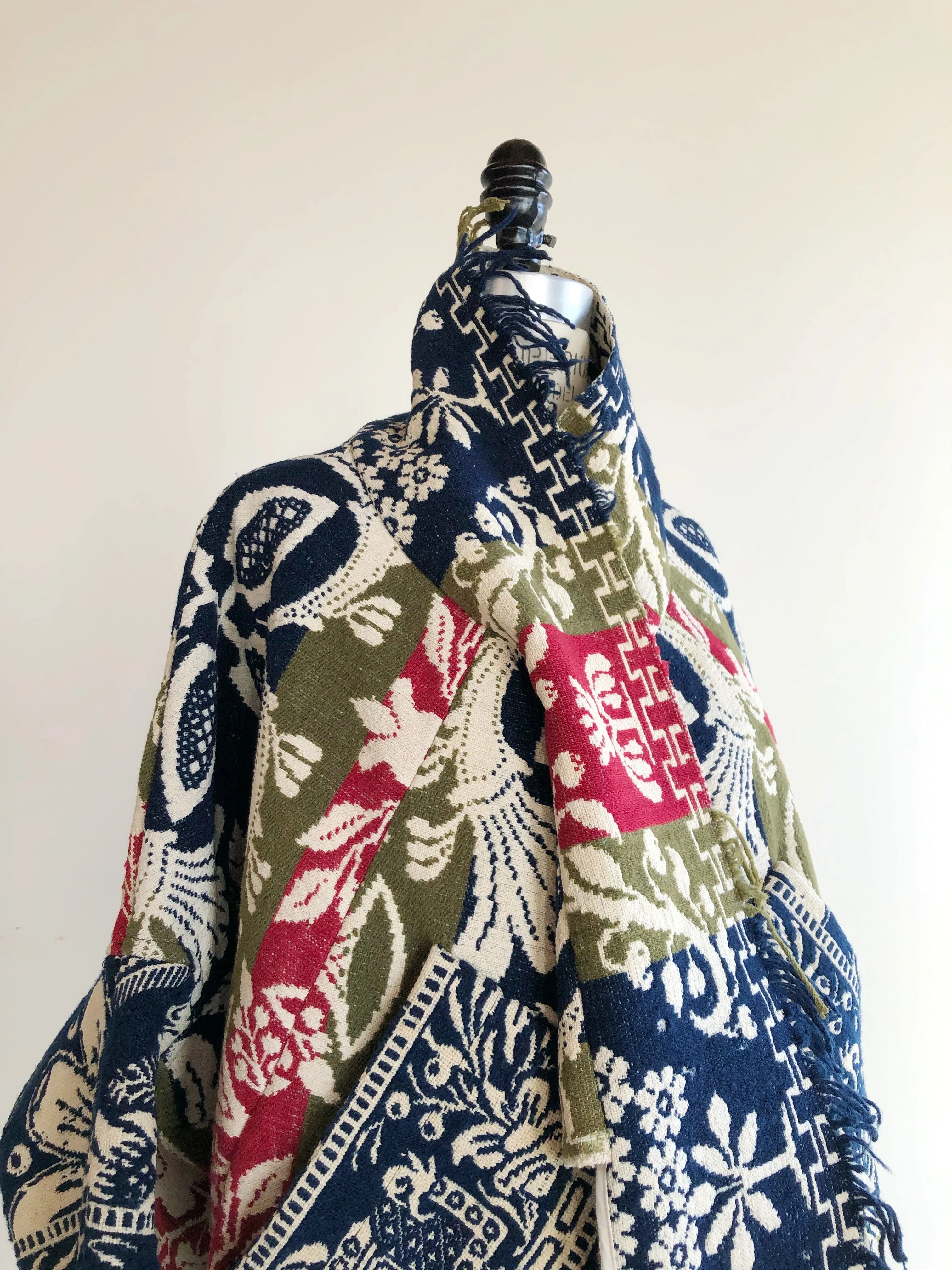 red, blue and olive graphic antique coverlet cocoon coat