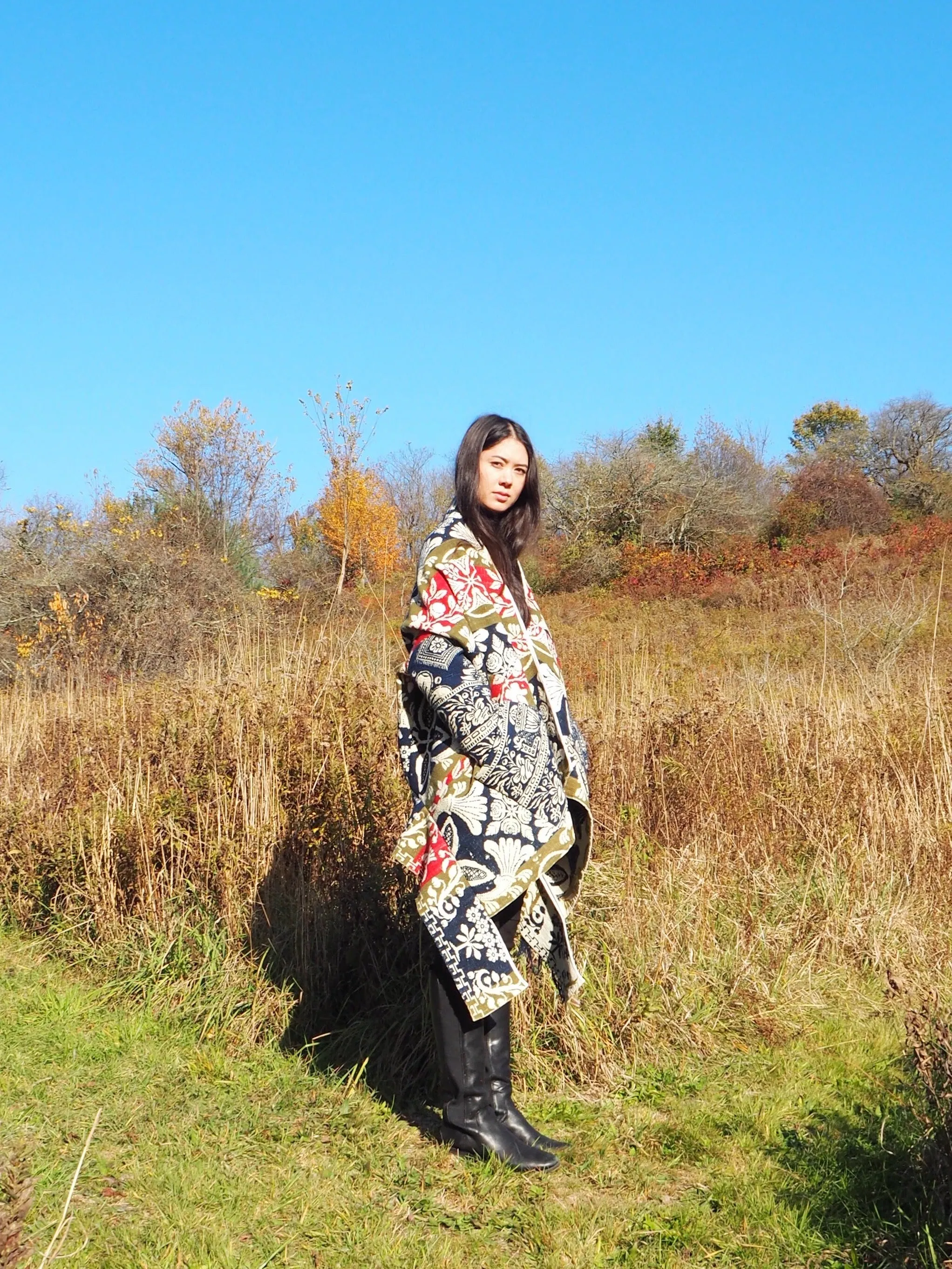red, blue and olive graphic antique coverlet cocoon coat