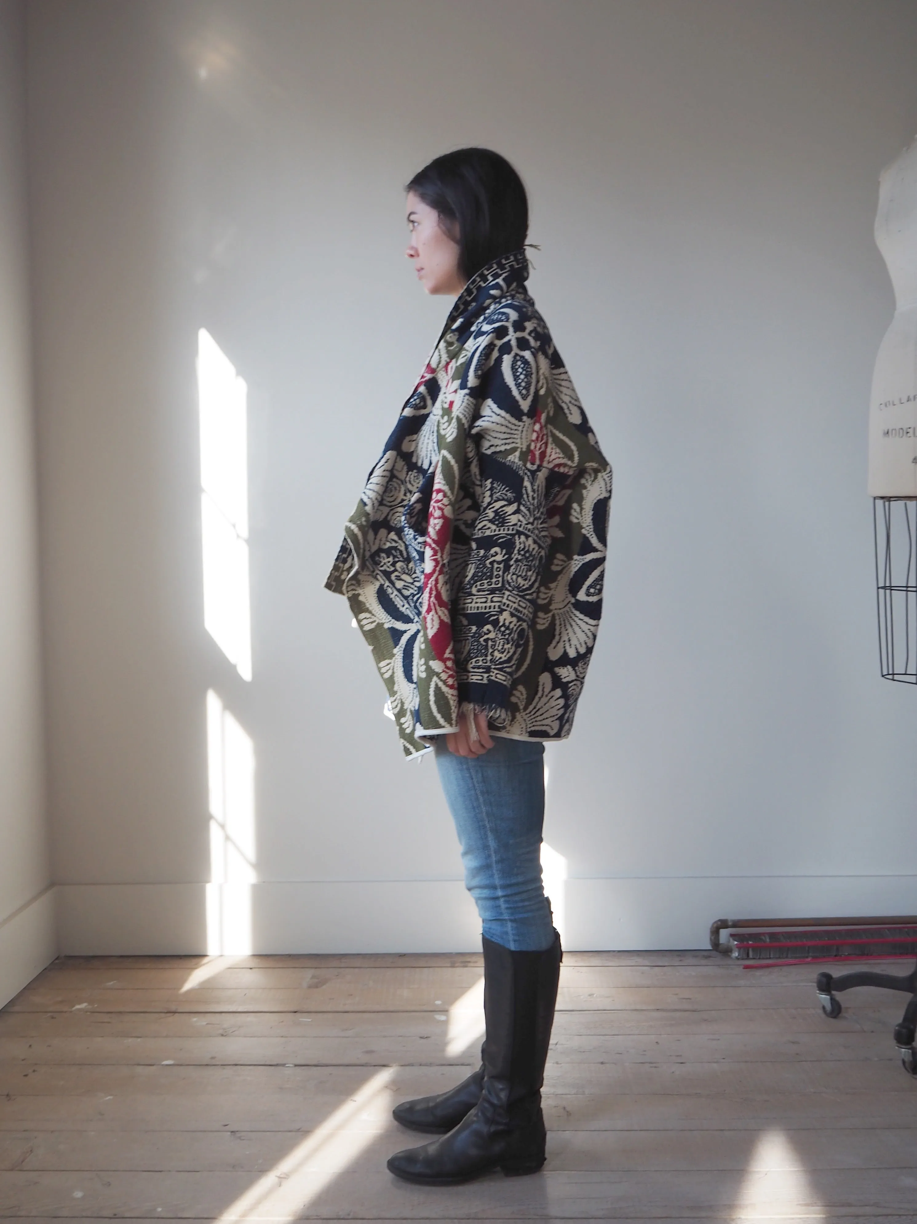 red, blue and olive graphic antique coverlet cocoon coat