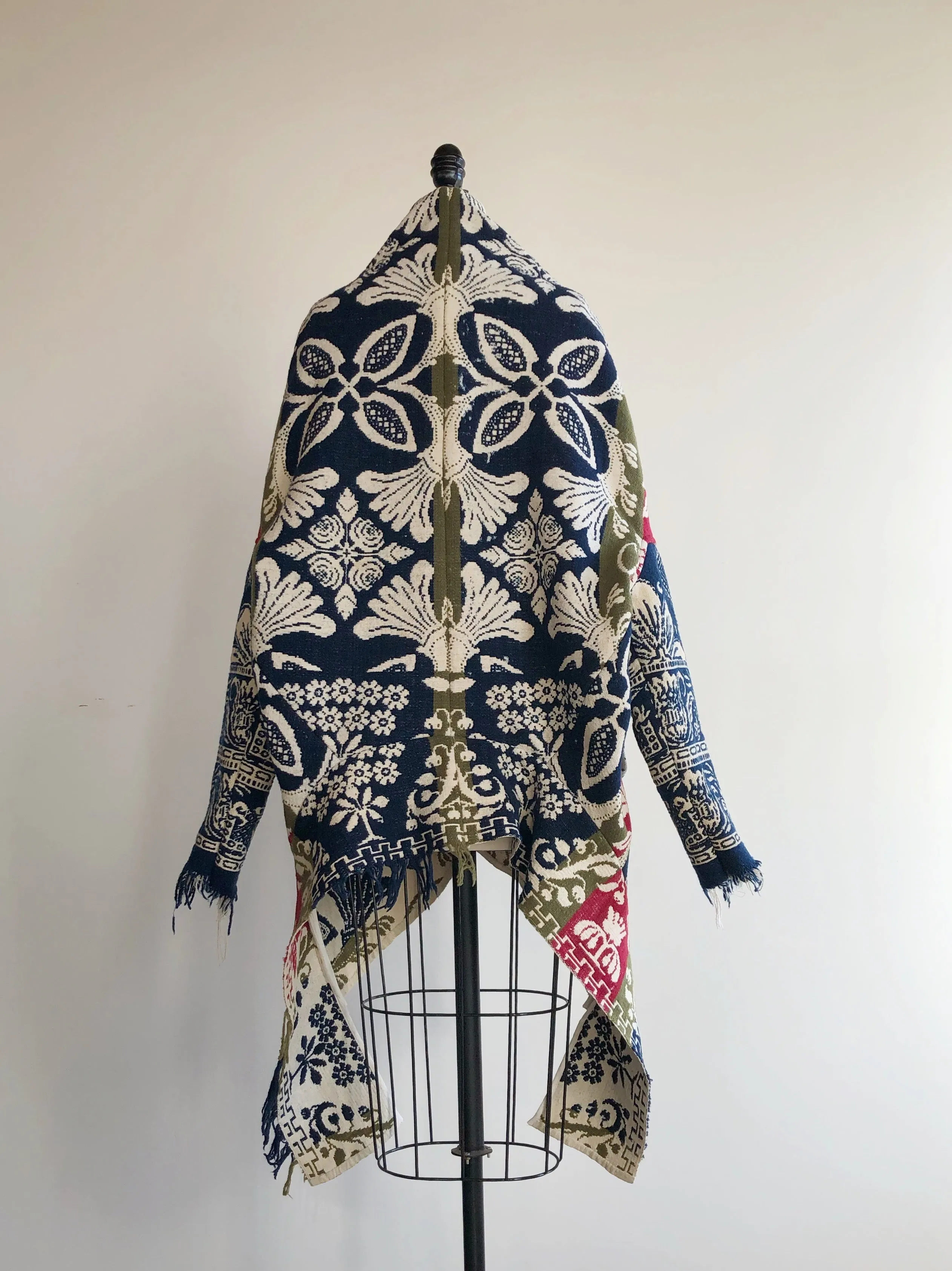 red, blue and olive graphic antique coverlet cocoon coat